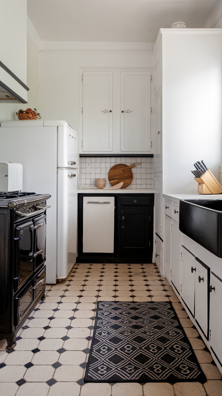 A kitchen featuring classic tile patterns on the floor, showcasing black and white tiles with a cozy design.