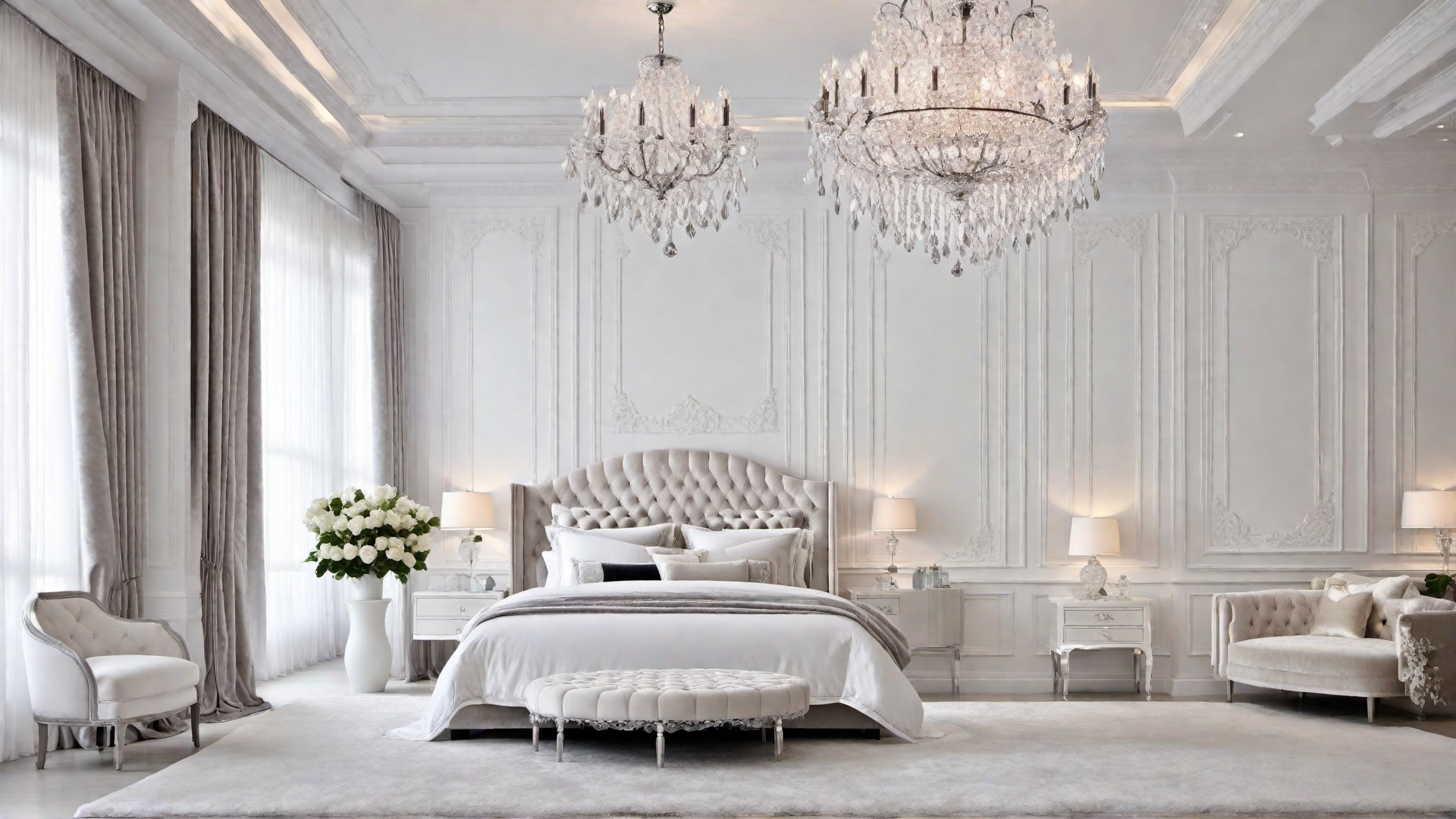 Luxurious White Bedroom with Velvet Upholstery and Crystal Chandelier