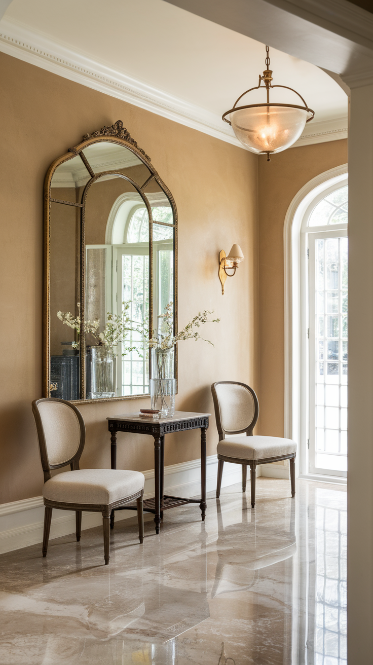 A refined entryway featuring a large mirror, elegant lighting, and a small table with flowers.