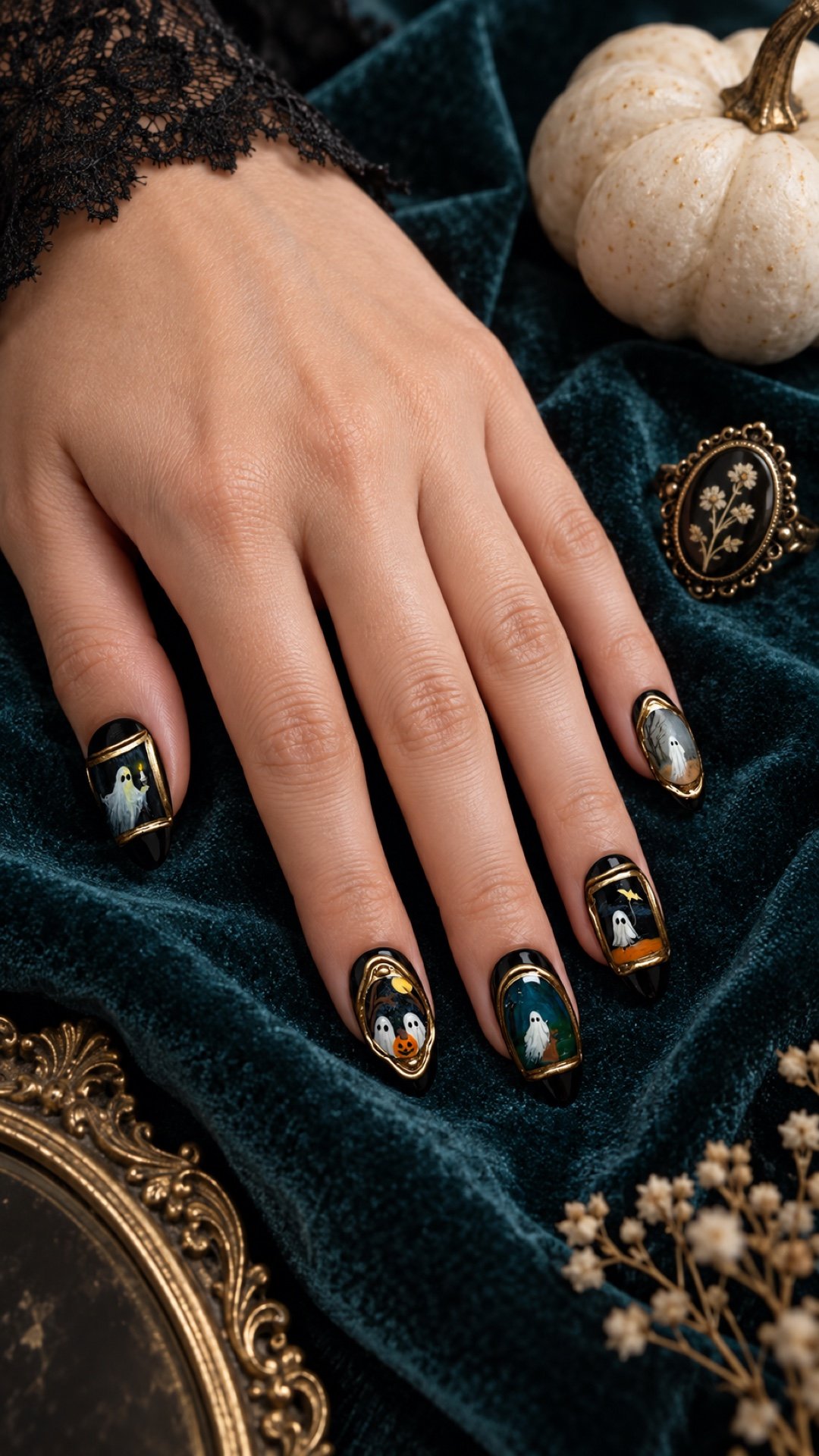 One complete five-finger hand wearing black and gold framed ghost press-on nails