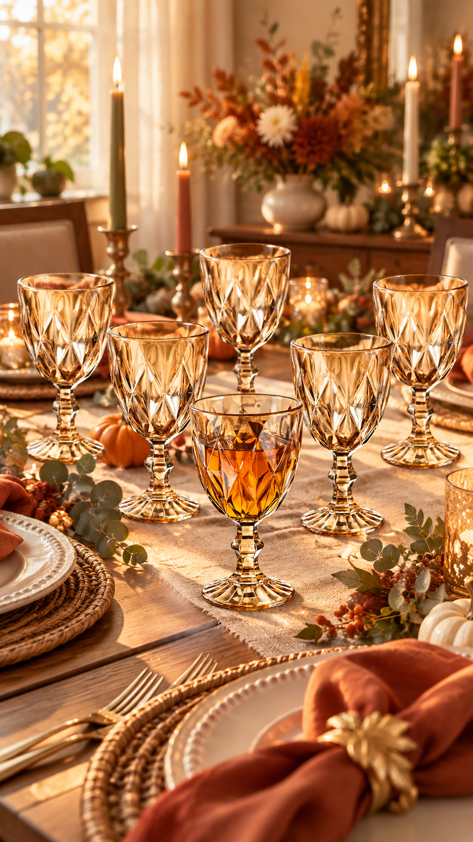 Amber embossed goblets glowing on a Thanksgiving table