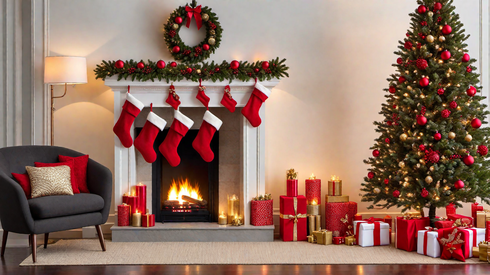 Festive Spirit: Red Christmas Decor Adorning the Mantel