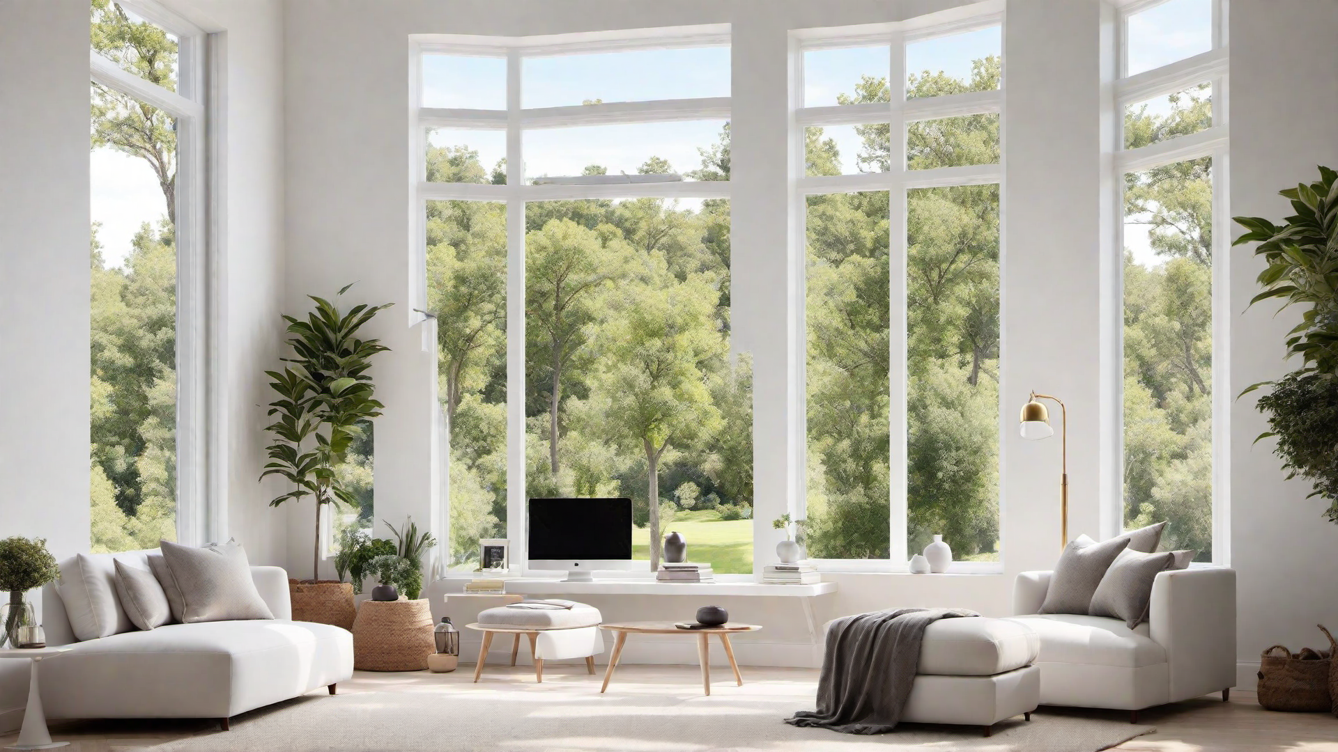 White Bedroom with Cozy Reading Corner and Floor-to-Ceiling Windows