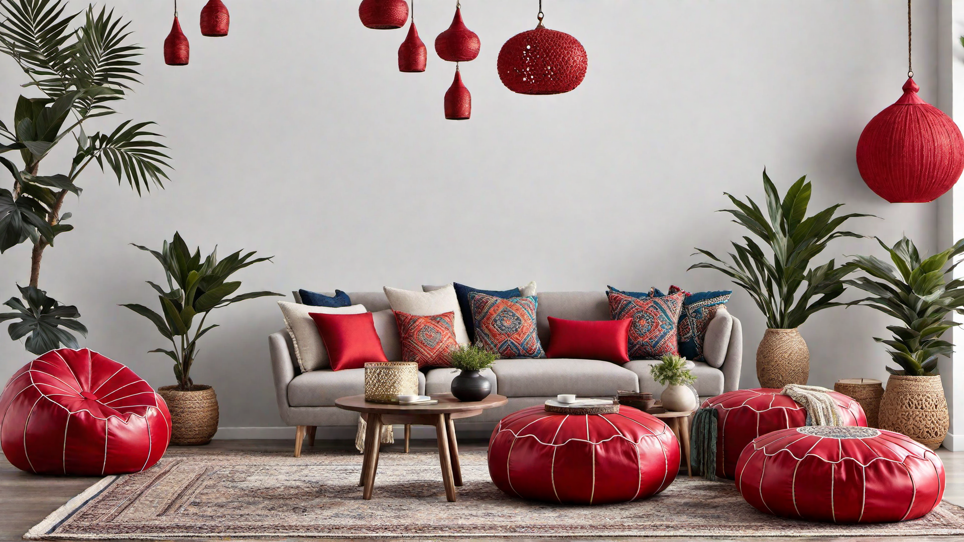 Global Influence: Red Moroccan Poufs in a Bohemian Living Room