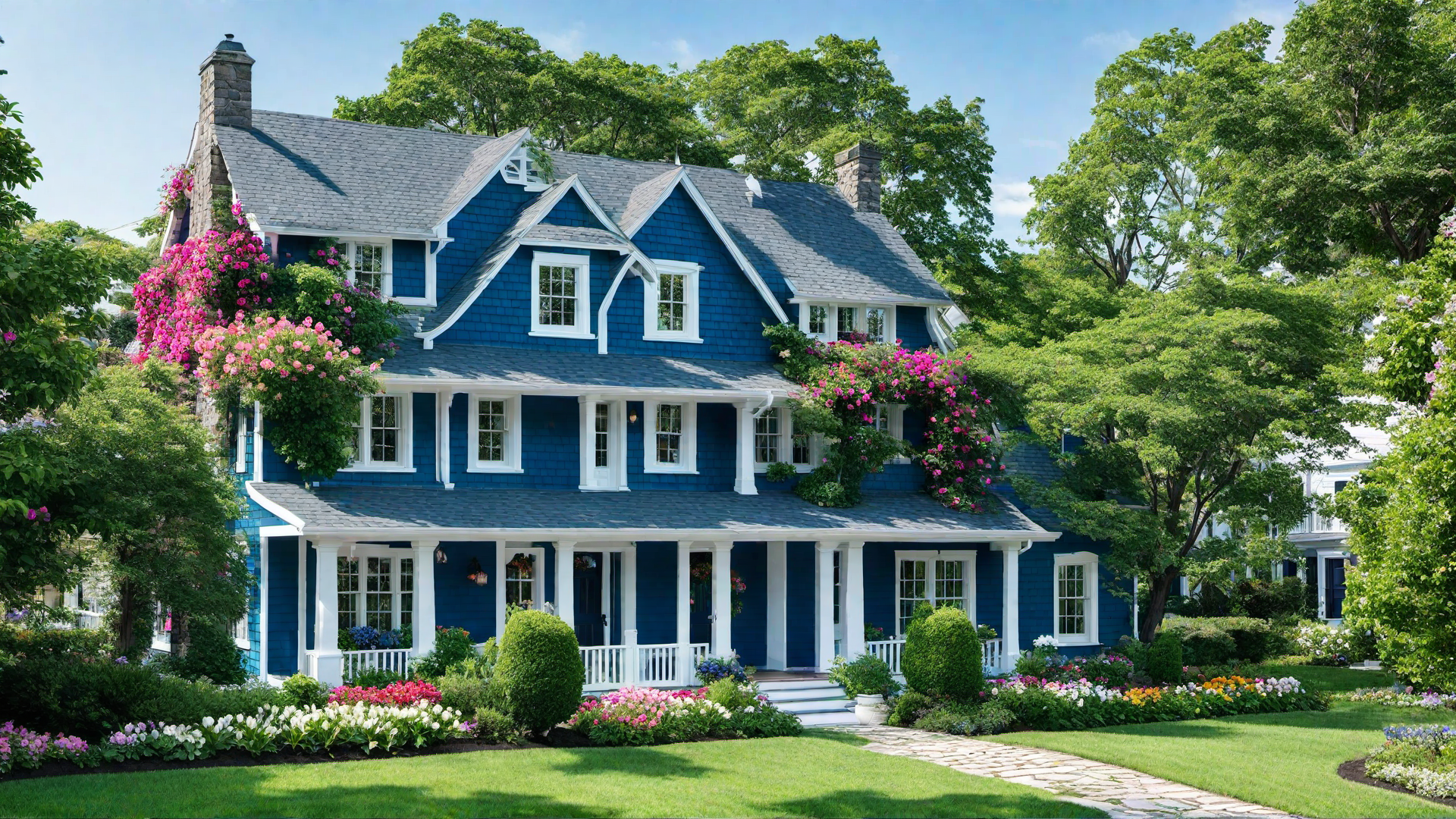 Blue Cottage with Flower Boxes