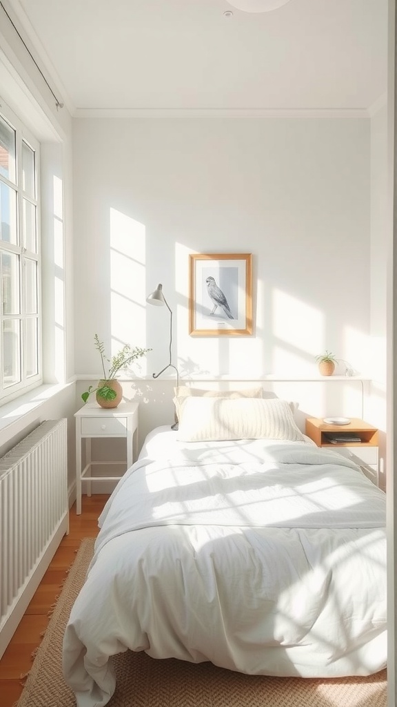 A small bedroom featuring light-colored walls, natural light, and a plant for a fresh atmosphere.