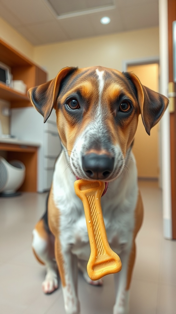 A dog holding a dental chew bone in its mouth, looking directly at the camera.