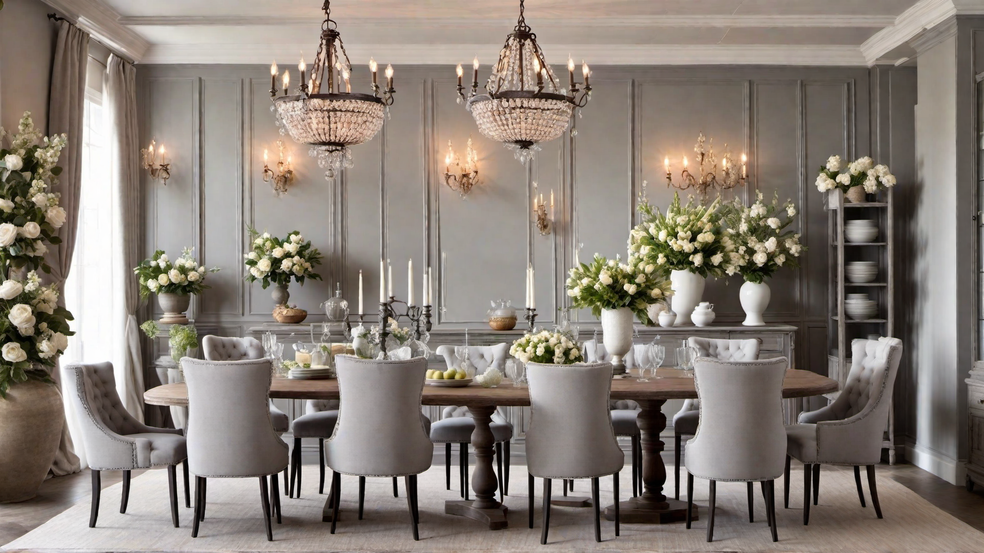 French Country Grey Dining Space with Vintage Charm