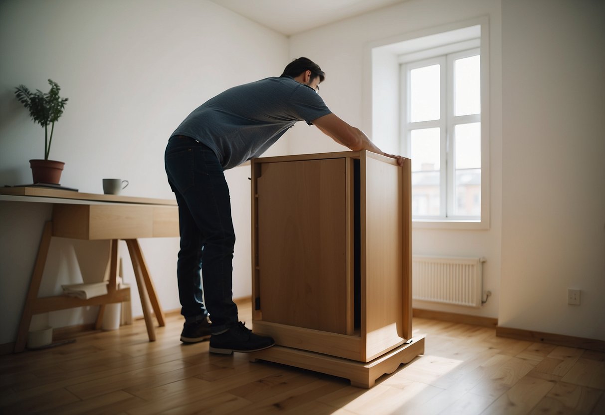 A person placing a large piece of furniture in a small room, causing it to overwhelm the space and disrupt the overall balance of the room