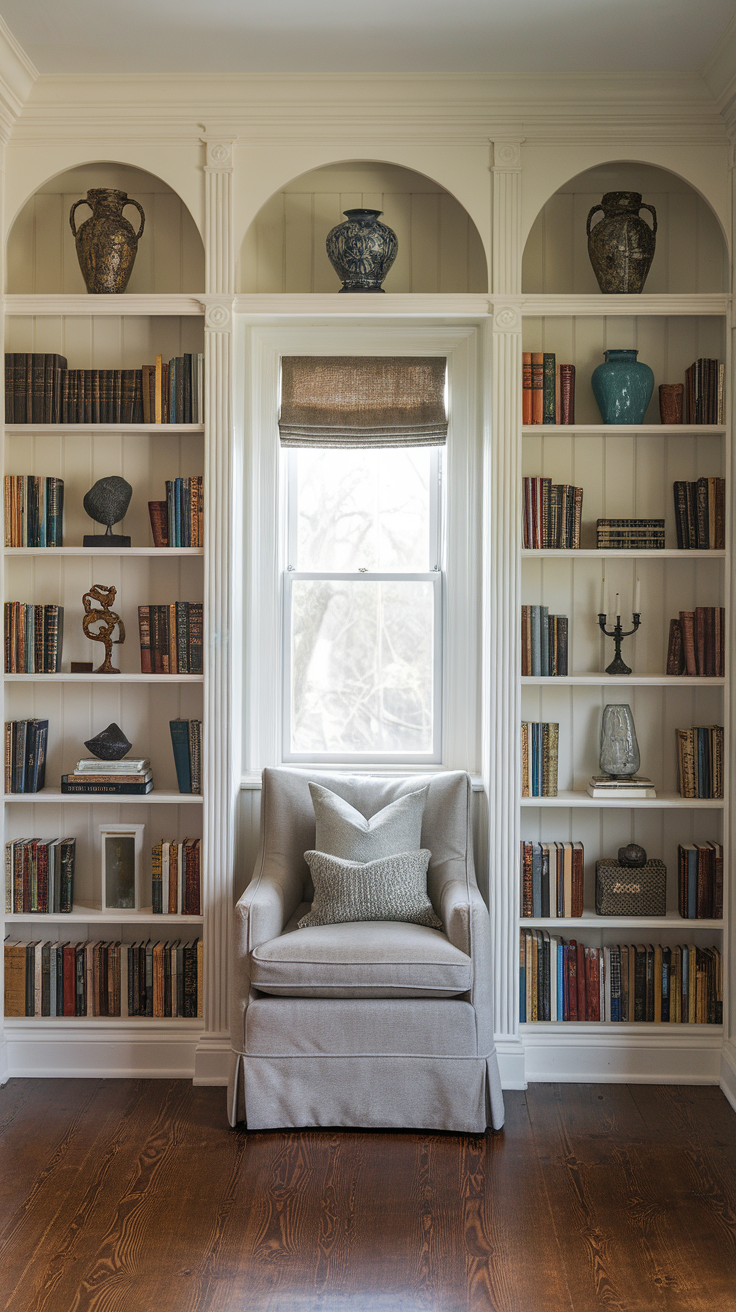 A cozy reading nook with built-in bookcases filled with books and decorative items.