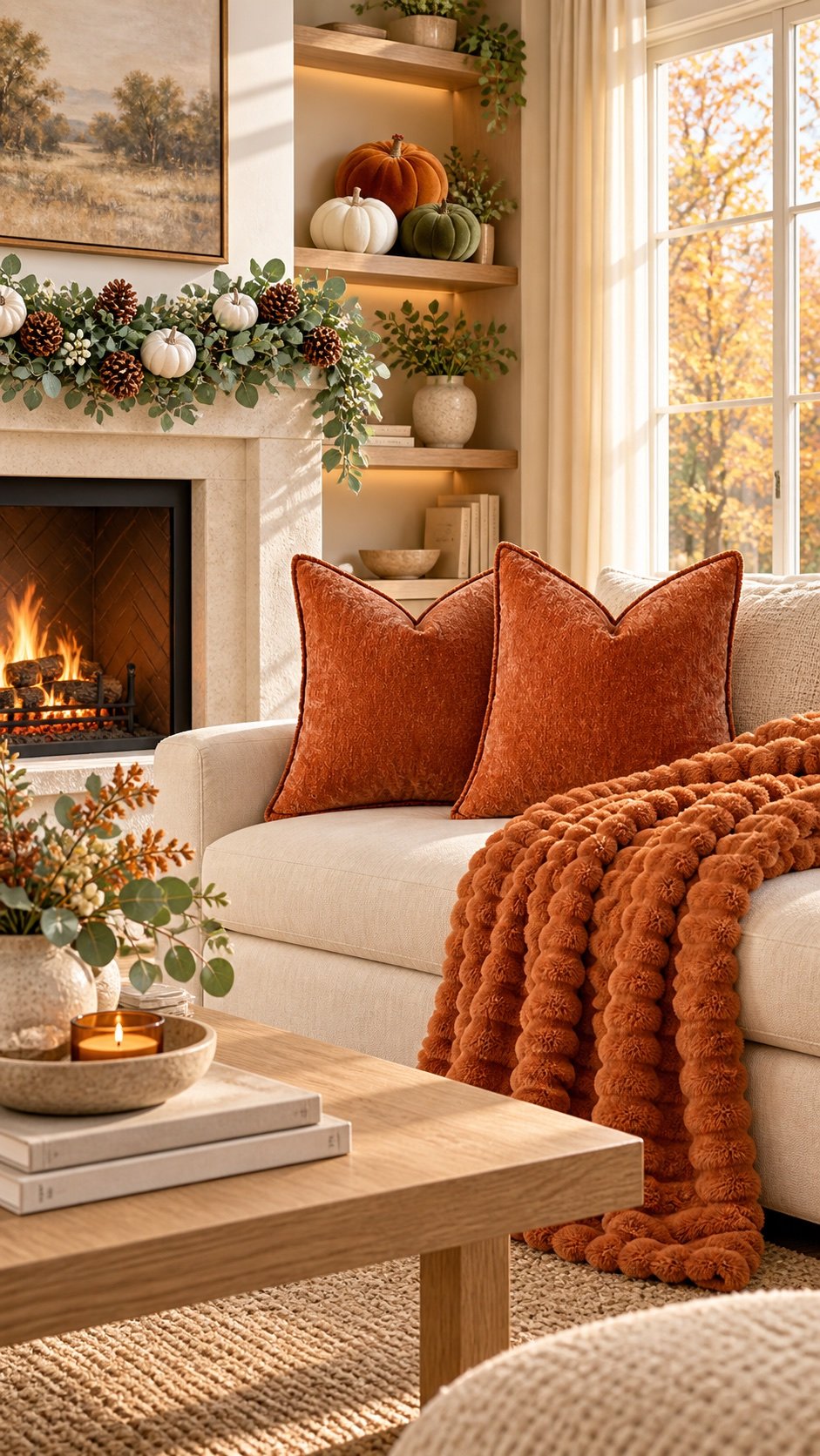 Warm neutral living room styled with rust pillows, a burnt orange throw, fall mantel garland and velvet pumpkins