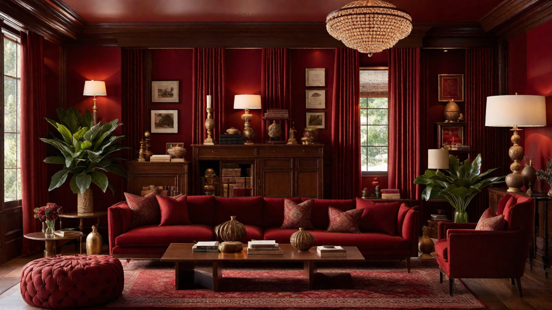 Harmonious Blend: Red and Wood Combination in a Study