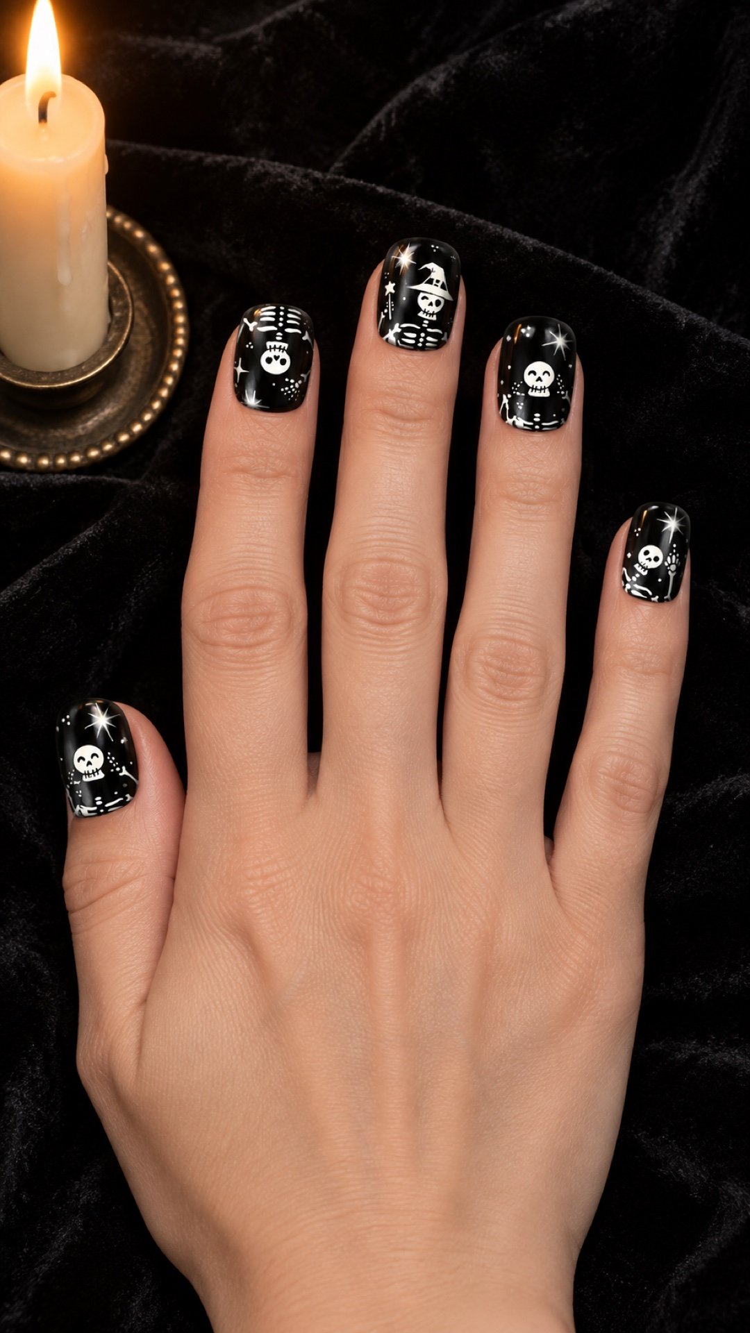 One complete five-finger hand wearing glossy black skeleton Halloween press-on nails