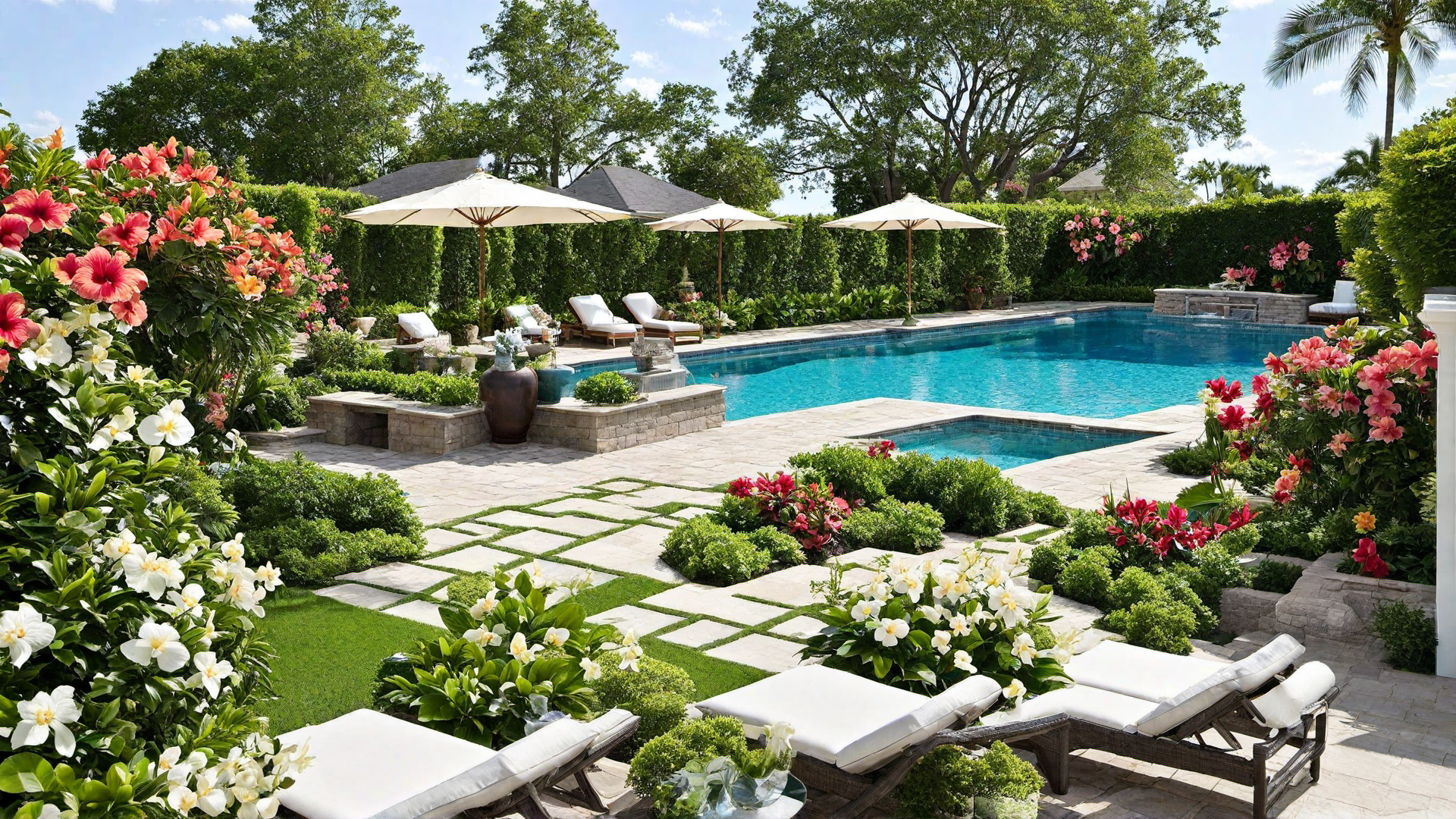 Island Escape: Pool with Thatched-Roof Cabanas and Exotic Flowers