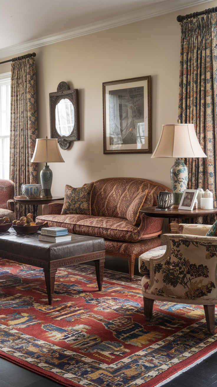 Cozy living room featuring a traditional area rug with rich colors and patterns.