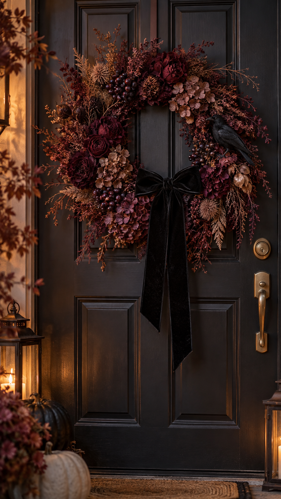Dried burgundy Halloween wreath with black velvet bow