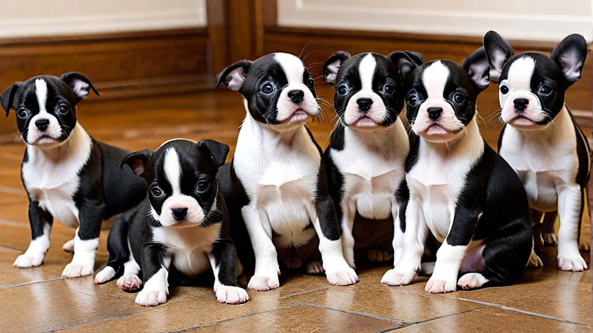 Feeding Time for Hungry Boston Terrier Puppies
