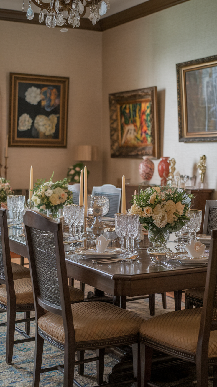 Traditional dining room with an elegant table setting, floral arrangements, and a chandelier.