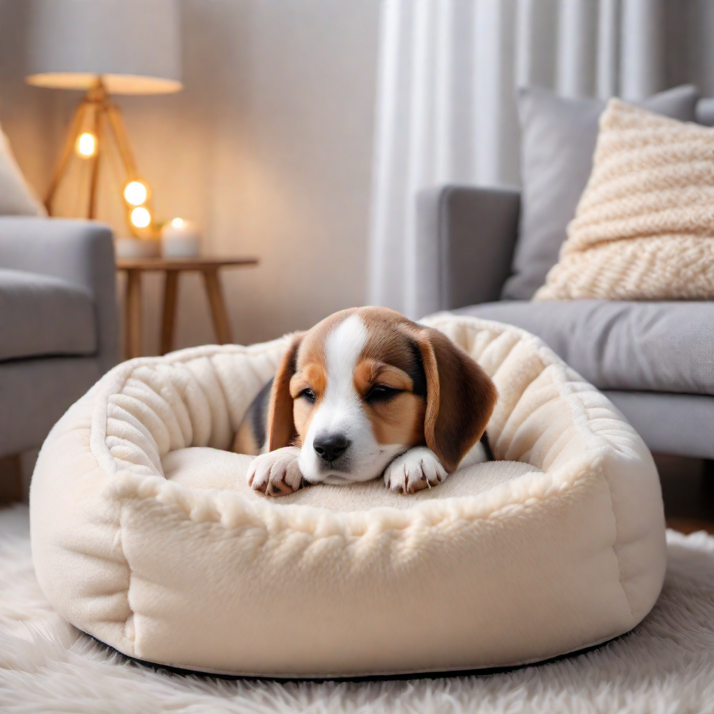 Beagle Puppy in a Cozy Dog Bed