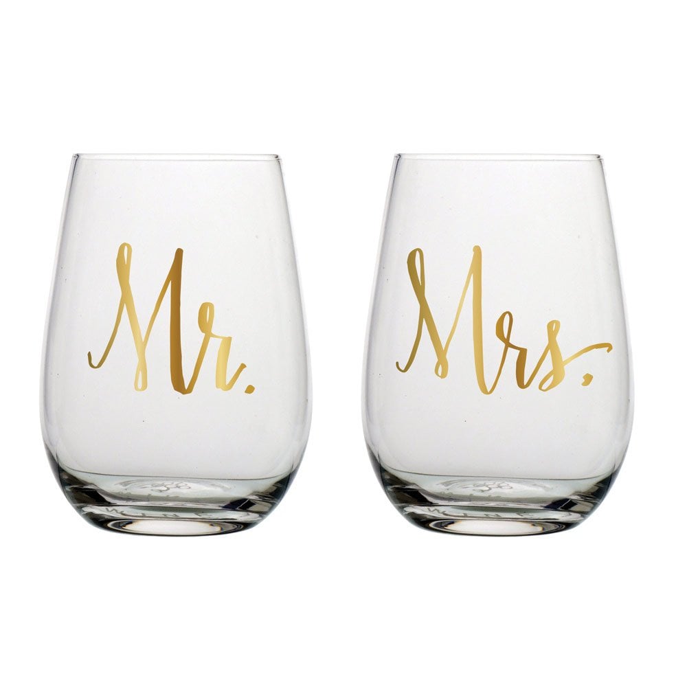 Slant Mr & Mrs Stemless Wine Glasses