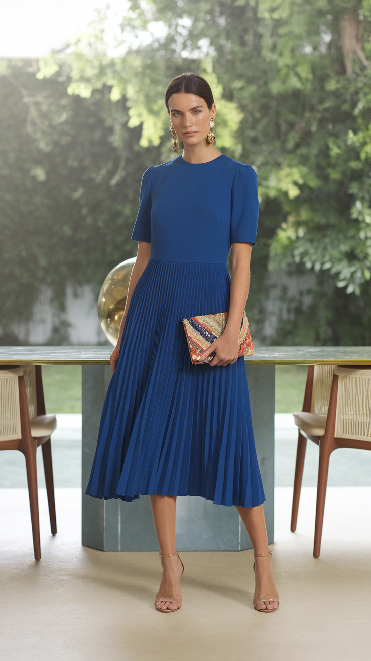 A woman in a blue pleated midi dress holding a colorful clutch, standing in a beautifully lit space with greenery in the background.