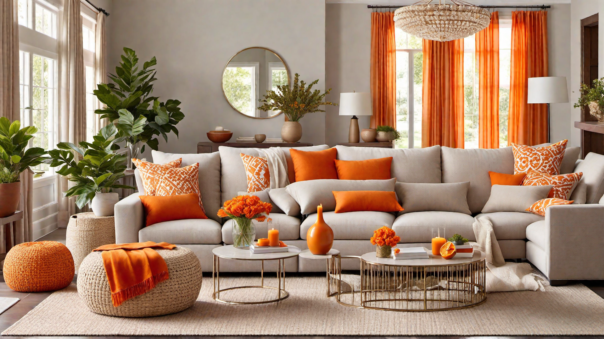 Cozy Comfort: Orange Throw Pillows on Neutral Sofa