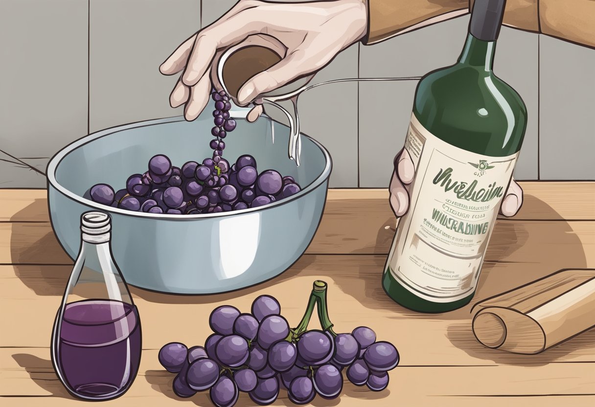 A hand pours sanitizing solution over winemaking equipment. Muscadine grapes and recipe sit nearby