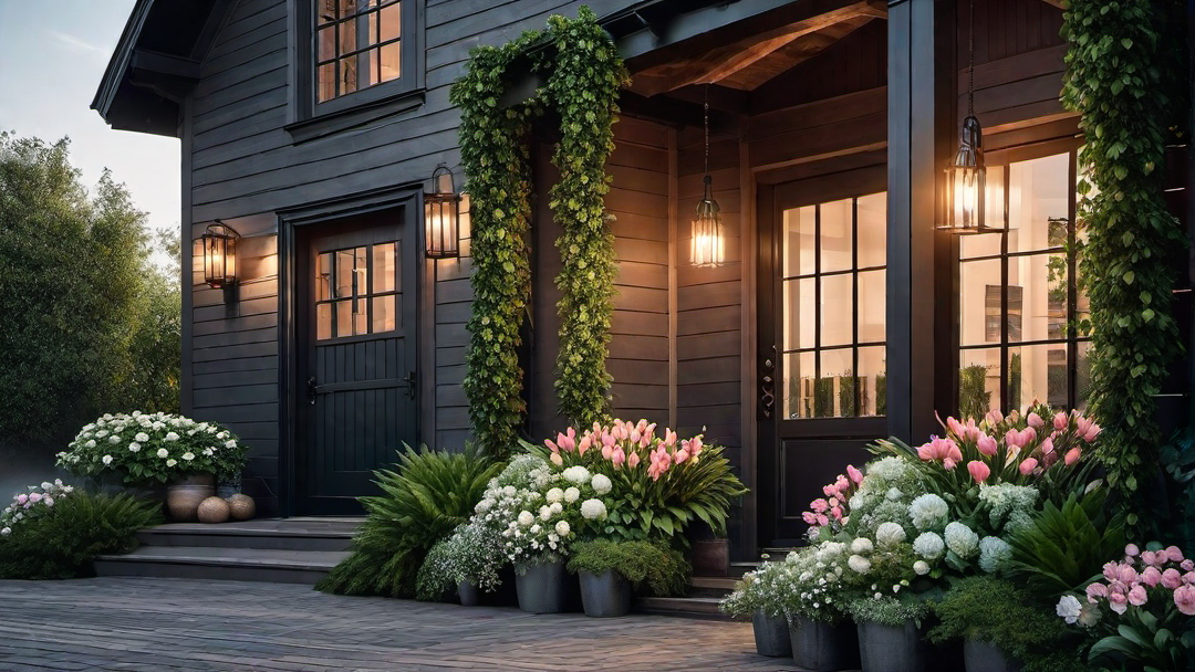 Farmhouse with Trellis Entryway and Hanging Plants