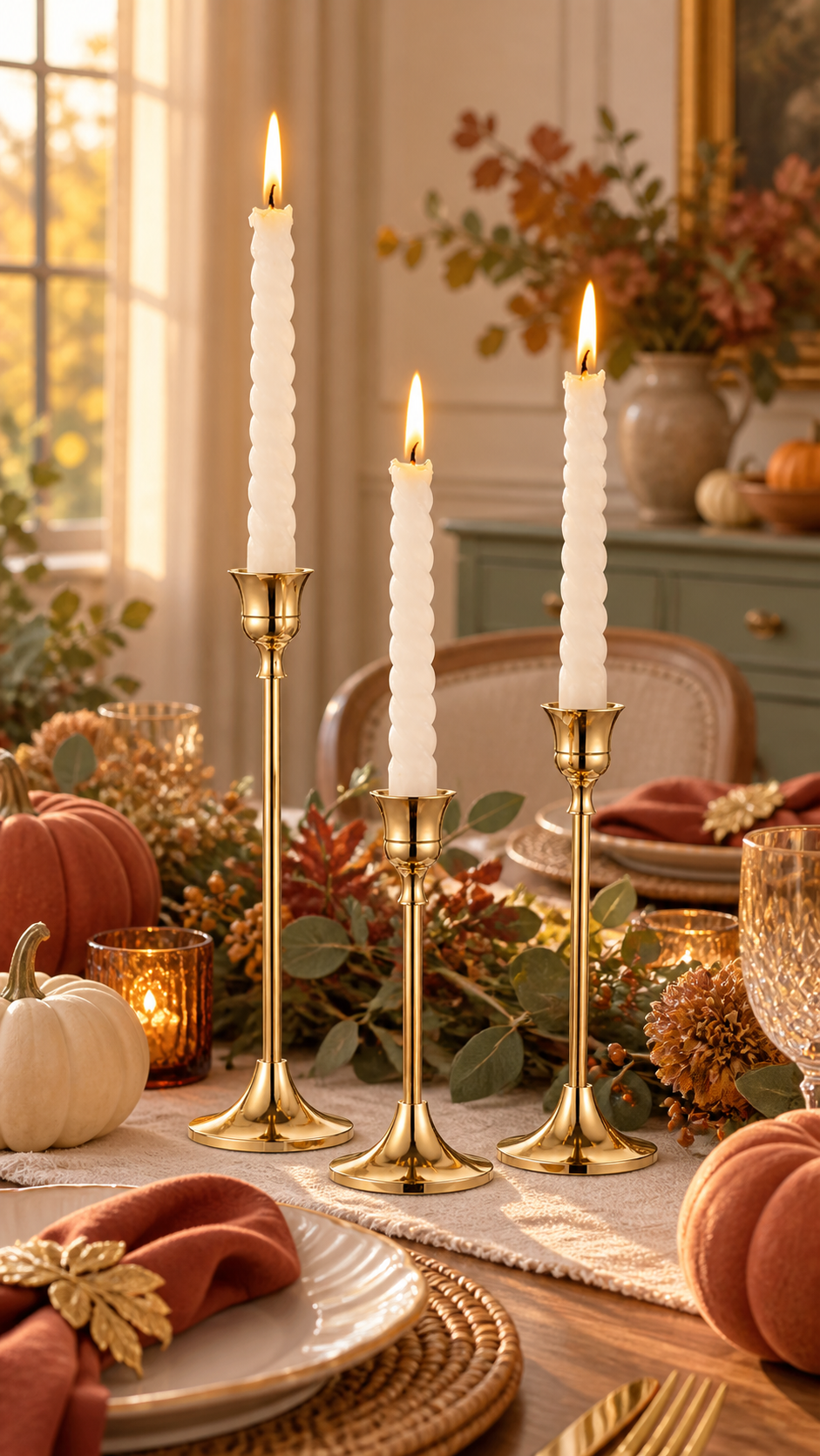 Three brass gold candlestick holders styled for Thanksgiving