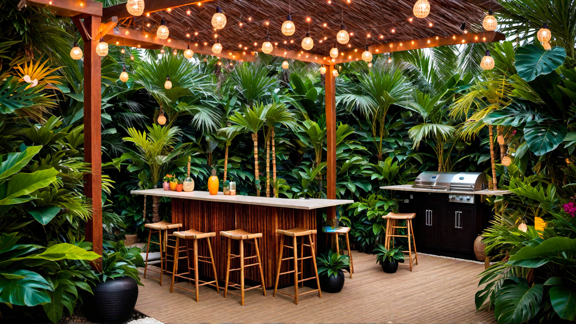 Tropical Plants Around a Custom Tiki Bar