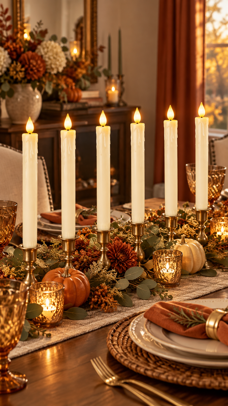 Ivory flameless taper candles glowing on a Thanksgiving table