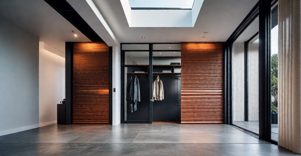 Fusion of Textures: Corrugated Metal Door with Wood and Glass Accents