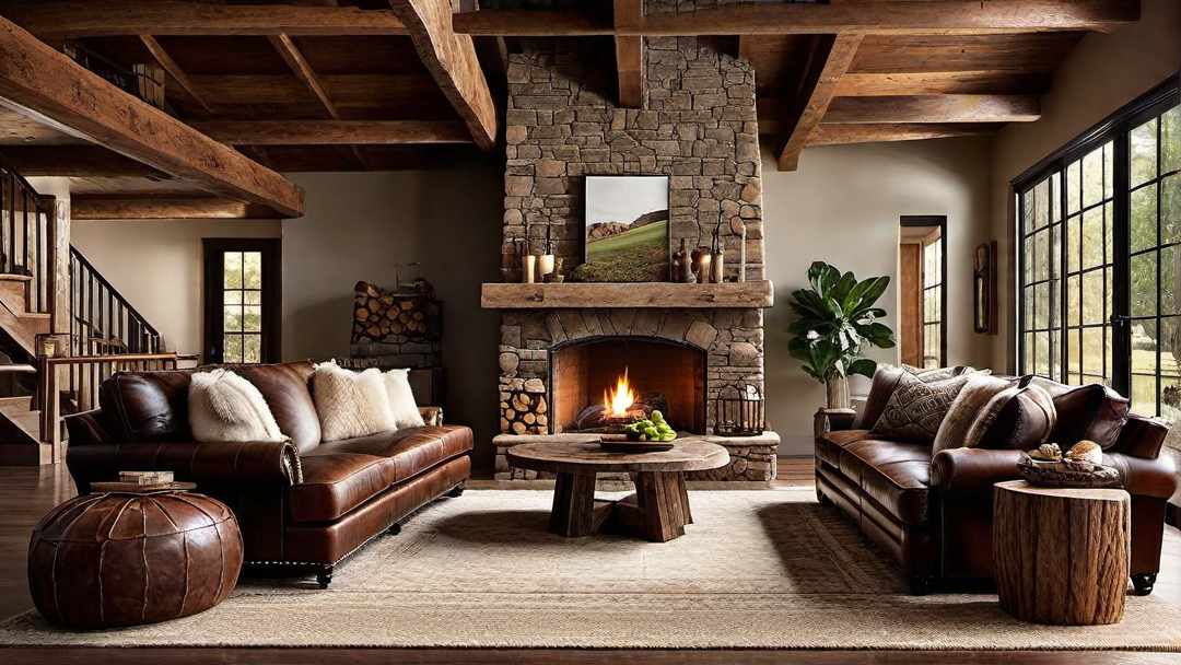 Rustic Charm: Exposed Wooden Beams and Stone Fireplace