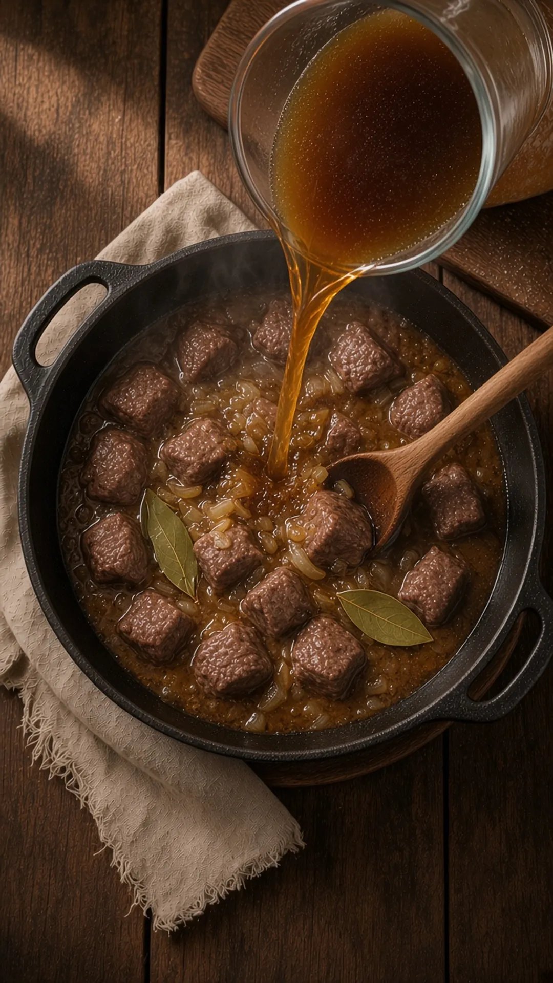 Beef broth poured over browned beef and onions with bay leaves in a Dutch oven