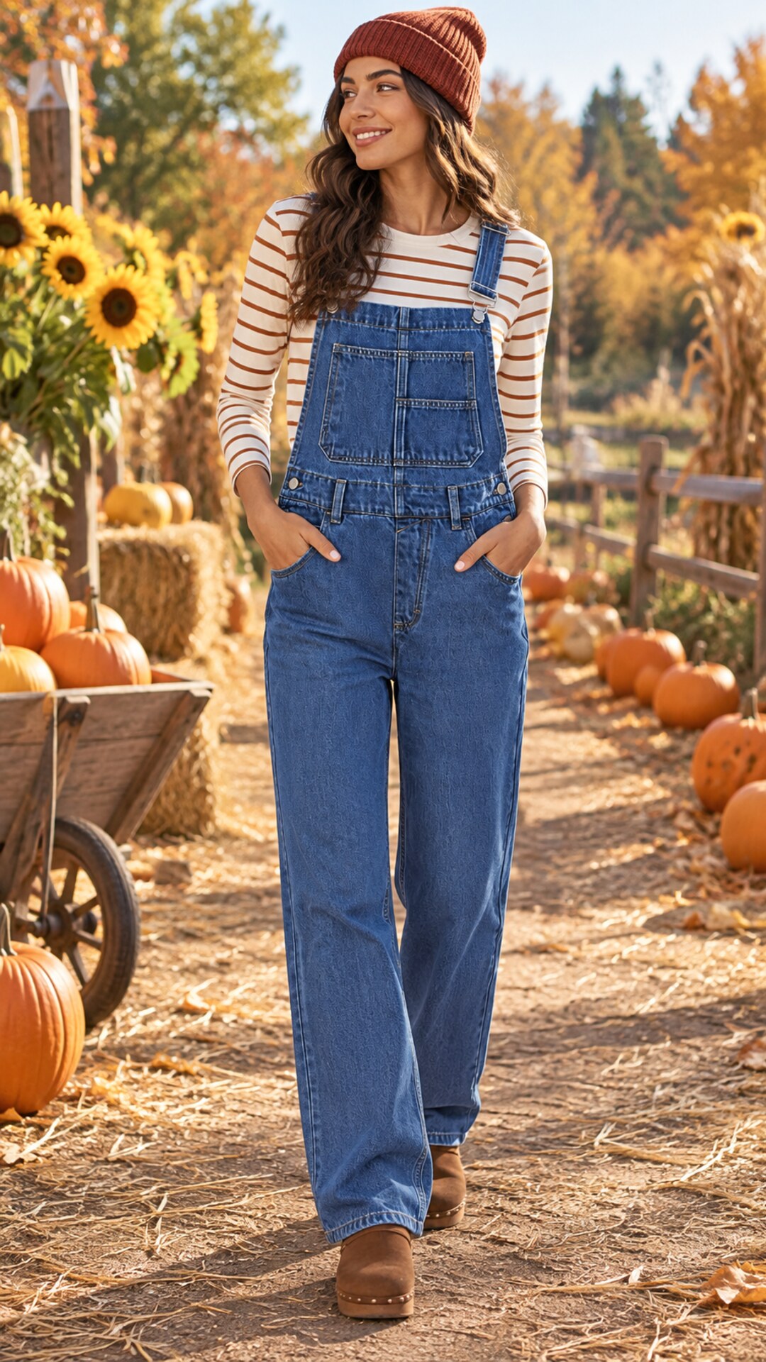 Woman wearing relaxed denim overalls with a striped long sleeve shirt at a pumpkin patch