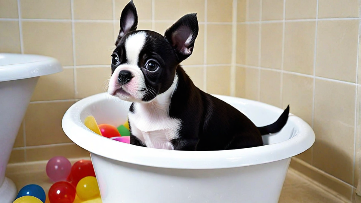 Boston Terrier Puppies Taking a Bath