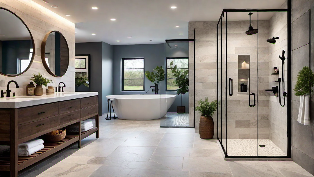 Farmhouse Spa: Rainfall Showerhead and Natural Stone Tile