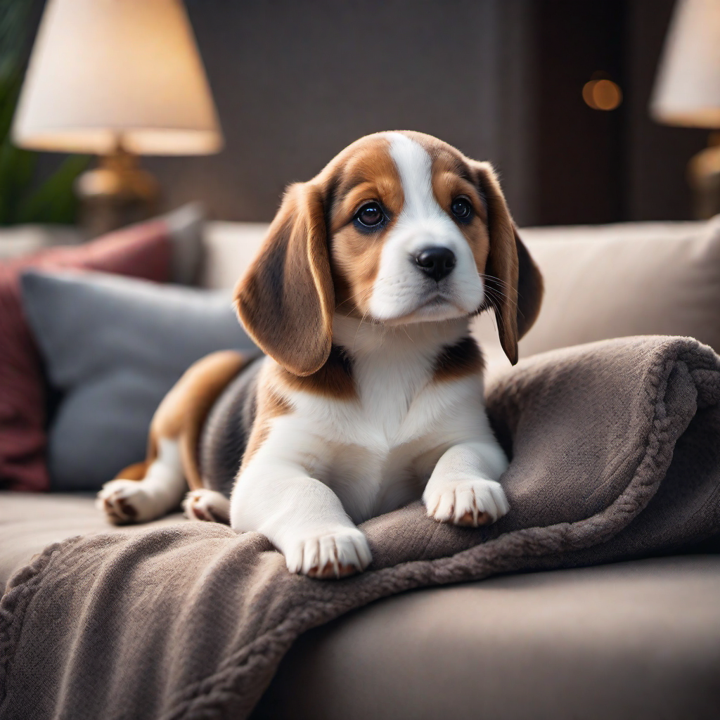 Fluffy Beagle Puppy Sitting on a Couch