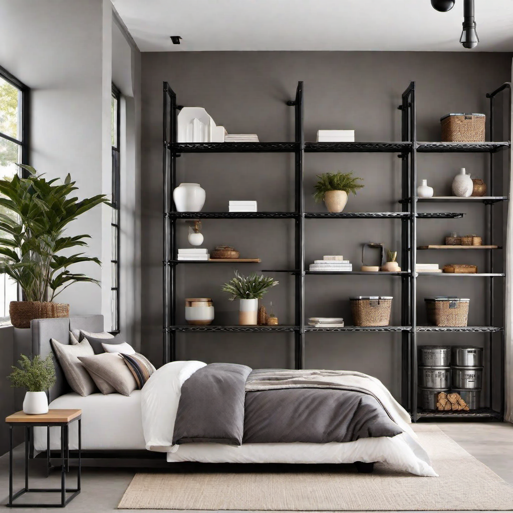 Industrial Bedroom Storage Solutions: Metal Shelving Units