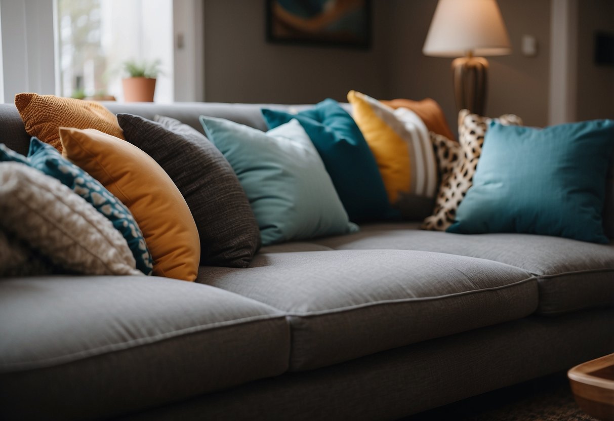 A cluttered sofa covered in an excessive amount of throw pillows, making it difficult to find a comfortable place to sit