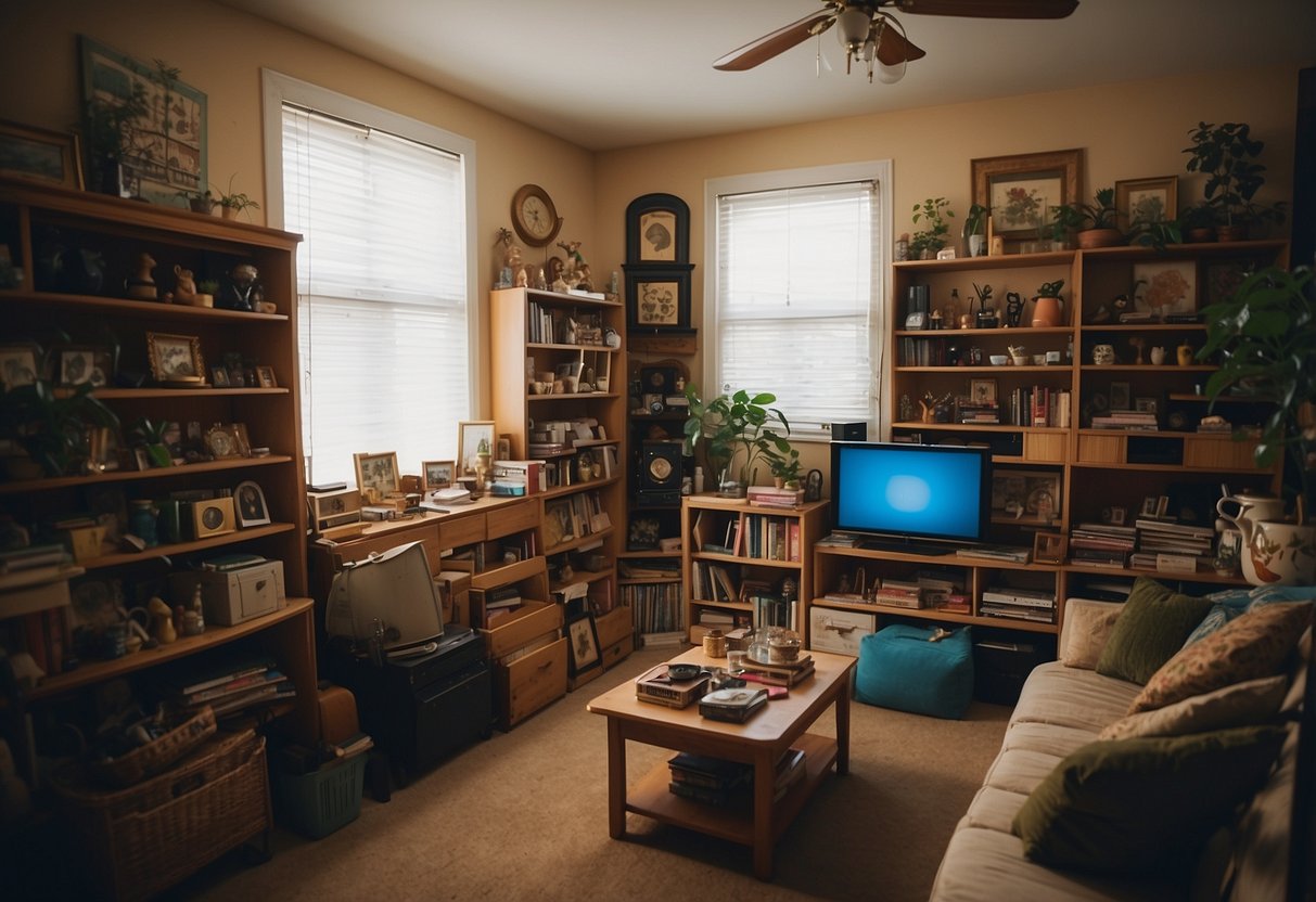 A cluttered living room with exposed shelving filled with mismatched decor and knick-knacks. The shelves are overcrowded and disorganized, creating a chaotic and overwhelming visual