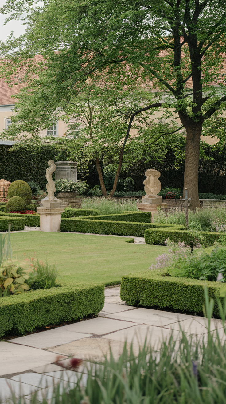 A traditional outdoor garden with neatly trimmed hedges, stone paths, and classic sculptures.