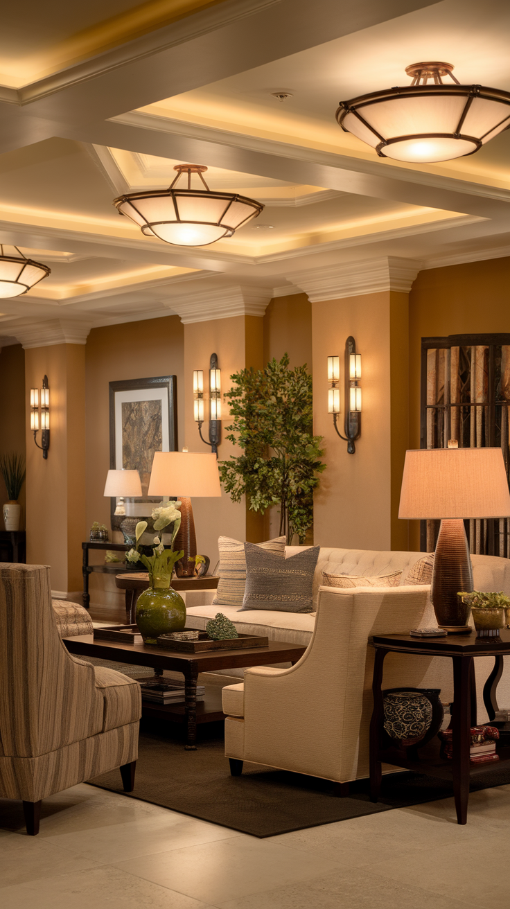 A cozy living room with layered lighting, featuring overhead fixtures, table lamps, and sconces.