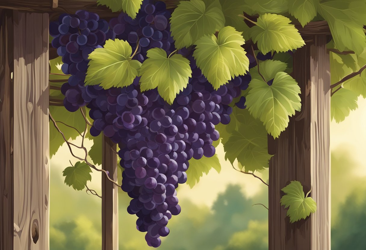 Lush muscadine vines wind around a weathered wooden trellis, while ripe clusters of dark purple grapes hang heavy in the warm afternoon sun