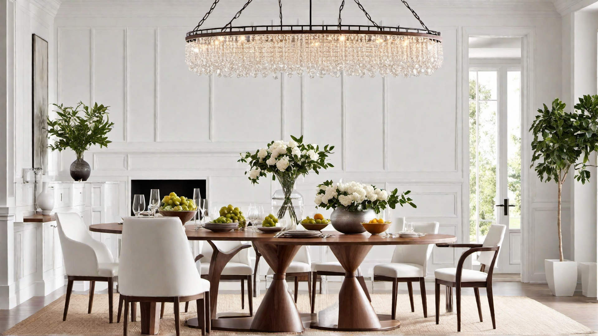 White Dining Room with Elegant Chandelier and Wooden Furniture