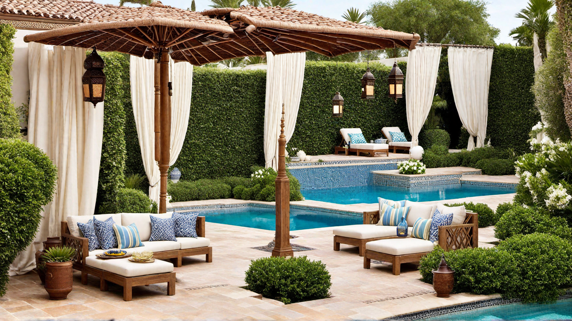 Moroccan Influence: In Ground Pool with Tiled Interior and Cabana