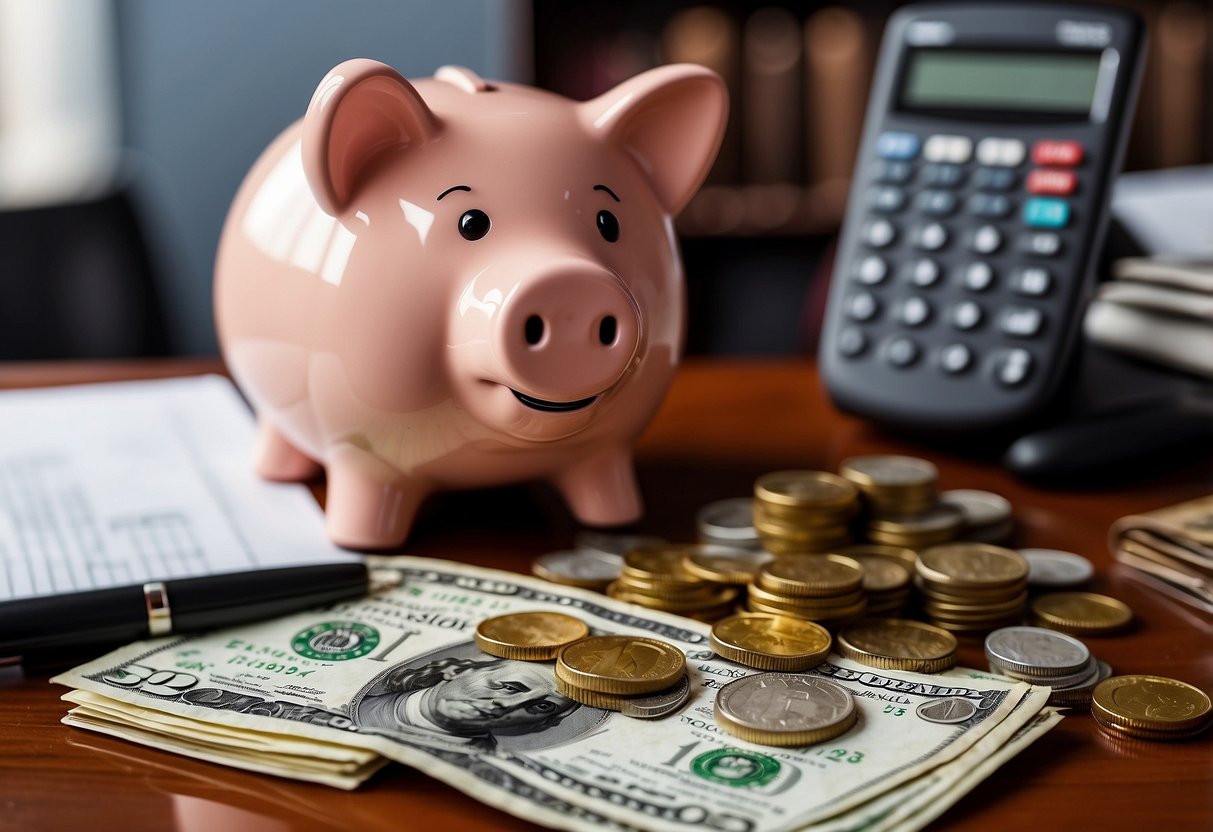 A piggy bank sits on a desk surrounded by stacks of coins and dollar bills. A calculator and financial guidebook are nearby, with a chart showing savings progress on the wall