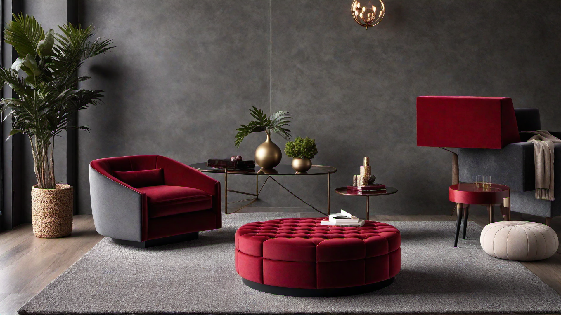 Luxurious Comfort: Red Velvet Ottoman in a Stylish Lounge
