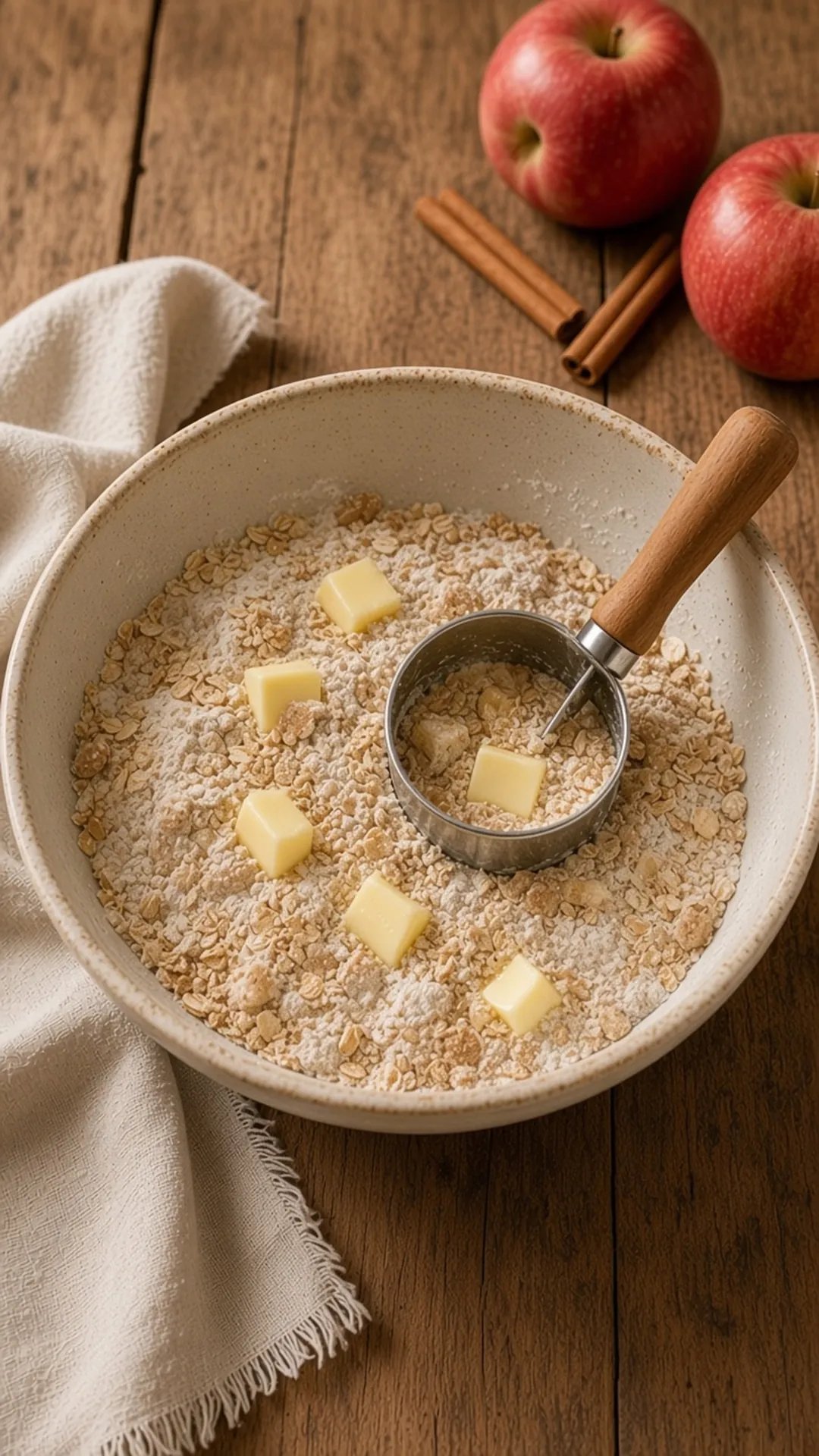 Flour, oats and brown sugar with cold butter cubes in a mixing bowl