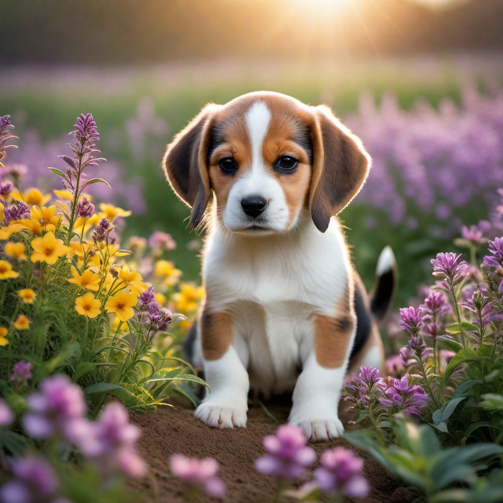 Beagle Puppy in a Field of Wildflowers